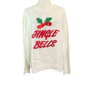 Merry Christmas Sweater Womens Extra Large White Crew Neck Jingle Bells